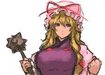  1girl blonde_hair bow breasts bust clenched_hand hair_bow hat hat_ribbon highres holding large_breasts long_hair mob_cap morning_star nameo_(judgemasterkou) ribbon simple_background sketch solo touhou violet_eyes weapon white_background yakumo_yukari 
