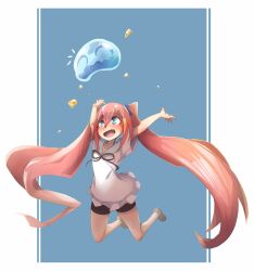  1girl 1other :d absurdly_long_hair absurdres ankle_boots arms_up bike_shorts black_ribbon black_shorts blue_background blue_eyes blue_ribbon boots brown_boots child commentary highres honey jumping long_hair looking_at_another looking_up milim_nava neck_ribbon notice_lines open_mouth pink_hair ribbon rimuru_tempest_(slime) shirt short_shorts short_sleeves shorts slime_(creature) smile tensei_shitara_slime_datta_ken tflame twintails two-tone_background untranslatable_commentary very_long_hair white_background white_shirt wide-eyed 