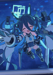 absurdres aris_(armed)_(blue_archive) aris_(blue_archive) bare_shoulders black_hair blue_archive blue_necktie closed_eyes elbow_gloves facing_viewer flying gloves hair_between_eyes highres leotard long_hair mecha_musume necktie night open_mouth short_necktie sky star_(sky) starry_sky thigh-highs thomason366 twintails waving_hands 