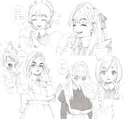  4girls ^_^ adjusting_eyewear apron ascot blush braid breasts brooch catherine_(conto) closed_eyes conto curtained_hair dress earrings elizabeth_(conto) english_text expressionless franchesca_(conto) frilled_ascot frills furrowed_brow glasses greyscale grin hand_on_eyewear hand_to_own_mouth hand_up height_difference highres jewelry large_breasts long_sleeves looking_at_viewer low_twin_braids maid maid_apron maid_headdress maria_(conto) monochrome multiple_girls multiple_views open_mouth original own_hands_together parted_bangs scared smile speech_bubble star_(symbol) star_earrings steepled_fingers tall_female thick_eyebrows thought_bubble twin_braids 