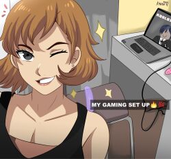  1boy 1girl absurdres bare_shoulders black_eyes brown_hair chair computer desk grin highres karbuitt laptop one_eye_closed persona persona_3 player_character_(roblox) roblox short_hair smile solo tank_top toriumi_isako upper_body yuuki_makoto_(persona_3) 
