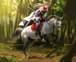  1girl absurdres belt black_dress black_garter_straps black_shoes black_thighhighs bridle brown_belt commentary criss-cross_halter dirt dress elbow_gloves forest full_body furen_e_lustario furen_e_lustario_(1st_costume) garter_straps gloves halter_dress halterneck highres holding holding_sword holding_weapon horse nature nijisanji open_mouth rearing reins rinderon0722 saddle scabbard sheath shoes sleeveless sleeveless_dress smile solo stirrups_(riding) sword thigh-highs tree untranslatable_commentary virtual_youtuber weapon white_dress white_gloves 