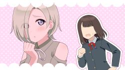  2girls :o absurdres anata-chan_(love_live!) bare_shoulders black_jacket brown_hair clenched_hand clothing_cutout collared_shirt commentary_request grey_eyes grey_hair grey_shirt hand_up highres ishimochi_(daleka333) jacket love_live! love_live!_nijigasaki_high_school_idol_club love_live!_school_idol_festival_all_stars medium_hair mia_taylor multiple_girls neck_ribbon nijigasaki_school_uniform no_eyes open_mouth outline peanut_mouth pink_background polka_dot polka_dot_background raised_inner_eyebrows red_ribbon ribbon school_uniform shirt shoulder_cutout upper_body white_outline white_ribbon white_shirt 