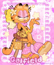  1girl alternate_costume animal_print bead_bracelet beads beebeedibapbeediboop blonde_hair bracelet cat curly_hair earrings eyeshadow fingernails flower flower_necklace food-themed_bag furry garfield garfield_(character) glitter_makeup gyaru highres hoop_earrings jewelry lasagne leg_warmers lei leopard_print long_fingernails long_hair makeup mascara miniskirt nail_art on_stool orange_cat orange_fur pink_eyeshadow pink_leg_warmers ponytail sandals shirt sitting skirt smile solo sparkle star_(symbol) stool tail tank_top tongue tongue_out toon_(style) v 