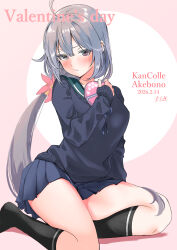  1girl absurdres ahoge akebono_(kancolle) akebono_(valentine)_(kancolle) bell black_socks blue_sailor_collar blue_skirt blue_sweater box character_name commentary_request dated flower gradient_background grey_hair hair_bell hair_flower hair_ornament heart-shaped_box highres jingle_bell kantai_collection looking_at_viewer pleated_skirt sailor_collar school_uniform serafuku skirt socks solo sweater valentine yoshiki_(bpmaxm) 