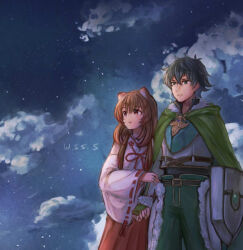  1boy 1girl :| adapted_costume animal_ear_fluff animal_ears arm_shield armor artist_name belt black_belt black_hair black_shirt breastplate brown_belt brown_hair cloak closed_mouth clouds cloudy_sky collared_shirt commentary_request commission cowboy_shot expressionless fur-trimmed_armor fur-trimmed_hood fur_trim green_armor green_cloak green_eyes grey_armor hair_between_eyes hakama hakama_skirt hetero high_collar holding_another's_arm holding_hands hood hood_down hooded_cloak iwatani_naofumi japanese_clothes layered_shirt legendary_shield_(small_shield)_(tate_no_yuusha_no_nariagari) legendary_shield_(tate_no_yuusha_no_nariagari) long_hair long_sleeves messy_hair miko night raccoon_ears raccoon_girl raphtalia red_eyes red_hakama red_ribbon red_skirt ribbon ribbon-trimmed_sleeves ribbon_trim shirt short_hair sidelocks signature skeb_commission skirt sky star_(sky) starry_sky straight_hair tate_no_yuusha_no_nariagari watermark white_kosode white_shirt wide_sleeves wss_(nicoseiga19993411) 