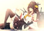  1girl absurdres ahoge black_legwear blue_eyes breasts brown_hair cup detached_sleeves headgear highres kantai_collection kongou_(kantai_collection) long_hair looking_at_viewer lying machinery merontomari nontraditional_miko on_side skirt solo teacup thigh-highs 