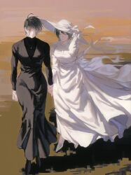  2girls absurdres bh20647 black_dress burn_scar dress frilled_dress frills full_body hand_on_headwear hat highres holding_hands jewelry jujutsu_kaisen light_frown long_sleeves looking_at_another multiple_girls multiple_scars necklace one_eye_closed parted_lips sad scar scar_across_eye scar_on_face scar_on_hand siblings sisters sun_hat tears twins white_dress white_hat wind zen'in_mai zen'in_maki 