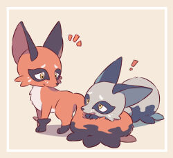  alternate_color brown_background brown_eyes brown_fur grey_fur highres looking_at_another neko_gyoza nickit no_humans pokemon pokemon_(creature) shiny_and_normal shiny_pokemon simple_background tail 