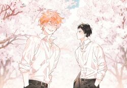  2boys belt black_belt black_hair black_pants cherry_blossoms closed_eyes collared_shirt commentary haikyuu!! hands_in_pockets hinata_shouyou kageyama_tobio looking_at_viewer male_focus multiple_boys open_mouth orange_hair pants sanddek shirt short_hair signature smile untranslatable_commentary white_shirt 