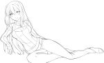  1girl aozaki_aoko bikini_jeans breasts cleavage cleavage_cutout hair_intakes highres lineart long_hair lowleg lowleg_pants lying melty_blood monochrome mound_of_venus open-chest_sweater pants ribbed_sweater smile solo spikewible sweater toes tsukihime turtleneck 