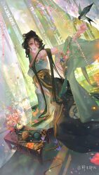  1girl absurdres artist_name bird black_bird black_hair black_skirt blue_eyes chinese_clothes coat curtains dutch_angle feet_out_of_frame flower green_coat hand_up hanfu high-waist_skirt highres long_hair long_skirt looking_at_animal mole mole_under_eye off_shoulder official_alternate_costume red_flower reverse:1999 shirt sitting skirt solo strapless strapless_shirt swallow_(bird) teapot triangle_mouth vase white_shirt willow_(reverse:1999) window yesheng_yebi yokozuwari 