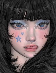  1girl absurdres art_study black_hair blue_eyes blunt_bangs blush commentary_request english_commentary eyelashes highres kangcono mole mole_under_eye multiple_moles original portrait star_(symbol) tongue 
