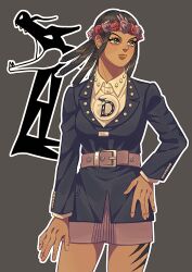  1girl absurdres belt belt_buckle black_hair black_jacket breasts brooch buckle collared_shirt commentary dark-skinned_female dark_skin dragona_joestar dreadlocks flower flower_wreath green_eyes grey_background hand_on_own_hip head_wreath highres jacket jewelry jojo_no_kimyou_na_bouken leg_tattoo long_sleeves looking_to_the_side male_focus medium_breasts official_alternate_costume outline pink_belt pink_skirt red_flower shirt siniy skirt solo standing tattoo the_jojolands untranslatable_commentary white_outline white_shirt 
