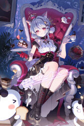  >_< 1girl absurdres ahoge animal_ear_fluff animal_ears bare_shoulders black_boots black_skirt blush boots bow bread bread_slice breasts cake cake_slice cat_ears chair chinese_commentary closed_mouth commentary_request commission crown cup dress flower food food_in_mouth fork fruit full_body ghost gloves grey_hair hair_intakes hair_ornament hairclip high-waist_skirt highres holding holding_cup holding_food holding_fork holding_plate indoors ji_guang_xian_yu lace-up_boots long_hair looking_at_viewer medium_breasts mini_crown original plant plate red_eyes red_flower red_gloves red_rose rose sample_watermark shirt single_glove sitting skirt sleeveless solo tail teacup virtual_youtuber watermark white_shirt 