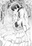  1boy 1girl amamiya_rikka black_hair blush bridal_veil bride closed_eyes couple cravat dress flower groom happy hetero long_hair looking_at_another monochrome original smile veil wedding wedding_dress 