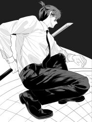  1boy bbong0bbong chainsaw_man collared_shirt dress_shoes greyscale hayakawa_aki highres holding holding_sword holding_weapon long_sleeves male_focus monochrome necktie pants ponytail shirt shirt_tucked_in shoes short_hair sleeve_cuffs solo squatting sword tile_floor tiles weapon wing_collar 