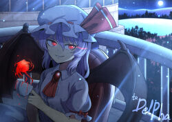  1girl absurdres ascot bat_wings bow brooch chair collared_shirt commentary cup ddok eye_trail full_moon hat hat_ribbon highres holding holding_cup jewelry lake light_trail looking_at_viewer mob_cap moon on_chair puffy_short_sleeves puffy_sleeves purple_hair red_ascot red_bow red_eyes remilia_scarlet ribbon shirt short_sleeves sitting sleeve_bow slit_pupils smile solo teacup touhou white_hat wings 
