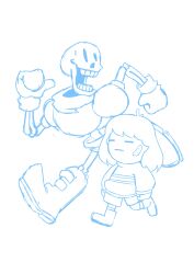  1boy 1other 2019 2d =_= absurdres ambiguous_gender ankle_boots armor ashley_artly bandaid bandaid_on_face boots cape child commentary digital_media double_horizontal_stripe duo english_commentary frisk_(undertale) full_body gloves highres horizontal-striped_clothes human humanoid long_sleeves making-of male monochrome monster monster_boy open_mouth papyrus_(undertale) running short_hair shorts simple_background skeleton sketch socks striped_clothes striped_sweater sweater teeth undead undertale utdr_(toby_fox) white_background 