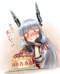  1girl blue_hair blush cake didloaded eating fingerless_gloves food food_on_face fork gloves kantai_collection long_hair murakumo_(kantai_collection) red_eyes ribbon sailor_dress school_uniform solo sparkle translated 