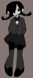  1girl arms_behind_back bow bowtie braid bright_pupils brown_background buttons closed_mouth collared_jacket expressionless full_body funamusea greyscale hair_over_one_eye jacket jitome kurai_yonaka looking_to_the_side mogeko_castle monochrome pleated_skirt school_uniform shirt shoes shutterbuggings simple_background skirt solo thigh-highs twin_braids white_pupils 