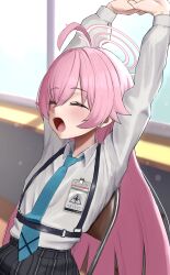  1girl absurdres ahoge arms_behind_head black_skirt blue_archive blue_necktie blush closed_eyes collared_shirt commentary_request fang flambe_(tyoitohikkosi07) hair_between_eyes halo highres hoshino_(blue_archive) long_hair necktie open_mouth pink_hair pink_halo shirt skirt solo stretching white_shirt yawning 