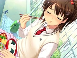  1girl bento bishoujo_(game) blush brown_hair chopsticks closed_eyes dutch_angle food game_cg hair_bobbles hair_ornament hairclip necktie nonohara_miki onigiri school_uniform short_hair side_ponytail sitting solo sweater_vest thermos watase_tamaki 