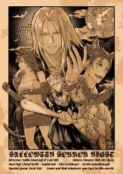  2girls 3boys absurdres aerith_gainsborough animal_ear_fluff animal_ears bare_shoulders bat_(animal) black_cloak black_dress bow bowtie braid breasts cait_sith_(final_fantasy) cat_ears cat_girl cat_tail chainsaw character_name clenched_hands cloak cloud_strife cow crescent crescent_earrings crossdressing dress earrings elbow_gloves english_text fangs fangs_out final_fantasy final_fantasy_vii fingernails fuji94867753 full_moon gloves graveyard hair_between_eyes hair_bow halloween hat hat_bow hat_feather highres holding holding_chainsaw jewelry kemonomimi_mode large_breasts long_dress long_hair low-tied_long_hair medium_breasts miniskirt moon multiple_boys multiple_girls open_mouth parted_bangs pointy_ears popped_collar sephiroth sepia sharp_fingernails side_braid sidelocks skirt slit_pupils smile spiky_hair tail tifa_lockhart twin_braids vampire_costume wavy_hair werewolf_costume witch witch_hat yuffie_kisaragi zack_fair 