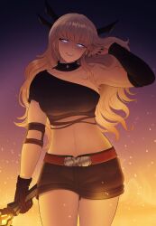  1girl absurdres alavastircloud alternate_costume belt black_background black_choker black_gloves black_nails black_shirt black_shorts black_sleeves blonde_hair blue_eyes breasts brown_belt check_clothing choker clothing_request collarbone commentary cowboy_shot cropped_shirt elbow_pads english_commentary fire gloves glowing glowing_eyes gradient_background grin hair_between_eyes hand_up headpiece highres holding holding_sword holding_weapon large_breasts long_hair long_sleeves looking_at_viewer magik_(x-men) marvel marvel_rivals midriff navel off-shoulder_shirt off_shoulder open_mouth pink_lips purple_background shirt short_shorts shorts sidelocks single_elbow_pad single_glove single_sleeve skindentation smile solo spiked_choker spikes straight-on sword toned toned_female wavy_hair weapon wide_hips x-men yellow_background 