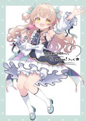  1girl :d armpits bow candy commission detached_sleeves dress dress_bow food foreground_text frilled_dress frilled_sleeves frills full_body green_bow green_shoes hair_bow hair_ornament hand_up highres holding holding_candy holding_food indie_utaite kneehighs long_hair looking_at_viewer mary_janes nanahira official_alternate_costume outside_border rikorisui shoes sleeveless smile socks solo white_background white_bow white_socks 