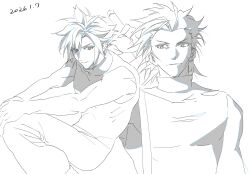  2boys baggy_pants bare_shoulders closed_mouth cloud_strife commentary_request cross_scar dated feet_out_of_frame final_fantasy final_fantasy_vii hair_between_eyes highres light_smile male_focus minaminooyama multiple_boys pants scar scar_on_cheek scar_on_face short_hair sideburns sketch sleeveless sleeveless_turtleneck spiky_hair suspenders sword sword_on_back turtleneck upper_body weapon weapon_on_back white_background zack_fair 