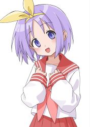  1girl :d blush bow hairband hands_up head_tilt henfrey14 highres hiiragi_tsukasa lucky_star neckerchief pink_neckerchief pink_sailor_collar pink_skirt purple_hair ryouou_school_uniform sailor_collar school_uniform shirt short_hair simple_background skirt sleeves_past_wrists smile solo violet_eyes white_background white_shirt yellow_bow yellow_hairband 