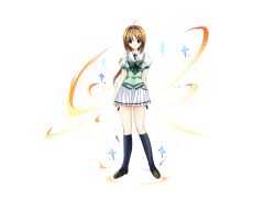  1girl ahoge black_socks blue_eyes bow bowtie brown_hair choukou_(alicesoft) choukou_sennin_haruka full_body green_bow hair_intakes hairband kneehighs loafers long_hair looking_at_viewer miniskirt official_art onigirikun otogi_frontier pleated_skirt puffy_short_sleeves puffy_sleeves ribbon school_uniform second-party_source shirt shoes short_sleeves skirt smile socks solo standing tachi-e takamori_haruka transparent_background variant_set white_skirt 