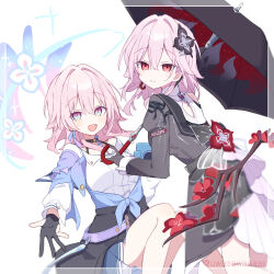  2girls :d black_choker black_dress black_flower black_gloves black_umbrella blue_eyes branch breasts choker commentary_request dress earrings evernight_(honkai:_star_rail) flower gloves hair_between_eyes hair_flower hair_ornament highres honkai:_star_rail honkai_(series) jewelry long_hair long_sleeves looking_at_viewer march_7th_(honkai:_star_rail) multicolored_eyes multiple_girls official_alternate_eye_color open_mouth partially_fingerless_gloves pink_eyes pink_hair red_eyes simple_background single_earring smile two-tone_eyes umbrella uwasewau white_background 