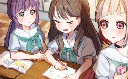  >_< 3girls :o aqua_neckerchief brown_hair classroom closed_eyes colored_inner_hair commentary_request crying diagonal_bangs dress drink_carton drinking_straw fujishima_megumi green_eyes grey_hair hasu_no_daisankaku hasu_no_sora_school_uniform highres holding holding_milk_carton holding_pencil indoors kyaku_tasu light_particles link!_like!_love_live! long_hair love_live! low_ponytail mechanical_pencil milk_carton multicolored_hair multiple_girls neckerchief open_mouth otomune_kozue pencil pointing ponytail puffy_short_sleeves puffy_sleeves purple_hair red_hair sailor_collar sailor_dress school_uniform short_sleeves strawberry_milk studying summer_uniform two_side_up virtual_youtuber wavy_mouth white_dress white_sailor_collar yugiri_tsuzuri 