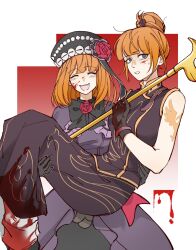  2girls arm_tattoo black_dress black_gloves blood blood_on_clothes blood_on_face carrying china_dress chinese_clothes closed_eyes dress dual_persona eva_beatrice fangs gloves hair_bun hashtag-only_commentary highres huixiaaa42305 multiple_girls open_mouth orange_hair princess_carry purple_dress short_hair smile sweatdrop tattoo umineko_no_naku_koro_ni ushiromiya_eva white_background 