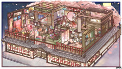  1other 2girls balcony bath bird book border bucket cabinet cherry_blossoms chigu commentary_request commission crow cup dairoku_ryouhei dollhouse_view floorplan full_moon hanging_scroll highres japanese_clothes katana kimono lamp lantern moon multiple_girls oil-paper_umbrella origami outside_border painting_(object) paper_crane paper_lantern scroll shouji sitting sliding_doors snake speech_bubble sword tatami tile_roof umbrella weapon wooden_bucket wooden_floor yokozuwari 