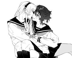  2girls blush closed_eyes commentary ear_blush glasses greyscale hairband hand_on_another's_head hashtag-only_commentary highres jiguang_haibao kiss kissing_cheek koishikawa_iko long_hair momijiyama_teru monochrome multiple_girls neckerchief open_mouth pleated_skirt sailor_collar school_uniform serafuku short_hair shy_(series) sitting sitting_on_lap sitting_on_person skirt smile yuri 