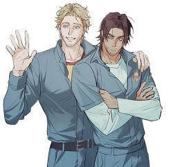  2boys arm_up blue_eyes blue_shirt brown_hair collared_shirt cowboy_shot crew_neck crossed_arms curly_(mouthwashing) curly_(pre-crash)_(mouthwashing) facial_hair geru_(shigeru13_pm) hand_on_another's_shoulder highres jimmy_(mouthwashing) layered_sleeves long_sleeves looking_to_the_side male_focus mouthwashing multiple_boys parted_hair shirt short_over_long_sleeves short_sleeves sideways_glance simple_background standing white_background white_shirt wing_collar yellow_shirt 