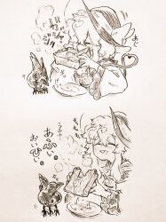  1girl animalization bird bow bread bread_slice buttons closed_eyes commentary_request diamond_button eating eyeball food food_on_face frilled_sleeves frills greyscale hat hat_bow heart heart_of_string holding holding_food komeiji_koishi long_sleeves menotama monochrome open_mouth plate reiuji_utsuho reiuji_utsuho_(bird) shirt smile speech_bubble third_eye third_eye_on_chest toast touhou traditional_media translation_request wide_sleeves 