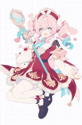  1girl aqua_bow aqua_bowtie aqua_eyes aqua_hair black_shoes bow bowtie commentary dress drill_hair floral_print full_body gradient_hair grid_background hair_between_eyes hair_intakes hat highres holding holding_staff honkai:_star_rail honkai_(series) hyacine_(honkai:_star_rail) ki_ii37 layered_dress loafers looking_at_viewer multicolored_hair open_mouth pantyhose pink_hair platform_shoes pouch red_dress revision shoes sidelocks smile sparkling_eyes staff twin_drills two-tone_hair untranslatable_commentary white_pantyhose 