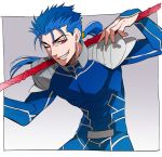  1boy blue_hair earrings fate/stay_night fate_(series) gae_bolg jewelry lancer long_hair one_eye_closed polearm ponytail red_eyes sirou69 solo spear weapon 