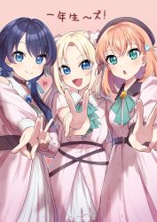  3girls absurdres bare_shoulders beret blue_ribbon brown_hat clothing_cutout collared_dress commentary_request curtained_hair dream_believers dress flower hair_flower hair_ornament hair_ribbon hasu_no_sanrenka hat highres hinoshita_kaho kyaku_tasu link!_like!_love_live! long_sleeves looking_at_viewer love_live! low_twintails multiple_girls murano_sayaka orange_hair osawa_rurino outstretched_arm parted_bangs pink_background pink_dress pink_flower rabbit_hair_ornament ribbon short_sleeves shoulder_cutout simple_background twintails two_side_up v virtual_youtuber 