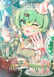  1girl absurdres aqua_background aqua_eyes aqua_hair aqua_nails balloon birthday birthday_cake bouquet bow buttons cake collar crossed_bangs detached_collar dot_nose doughnut eating eyelashes flower food frilled_shirt frilled_wrist_cuffs frills fur-trimmed_headwear fur_trim garland_(decoration) green_bow green_collar green_shirt hair_between_eyes hair_ornament hairclip halftone hand_on_own_cheek hand_on_own_face happy happy_birthday hat hatsune_miku highres holding holding_spoon light_blush long_hair mini_party_hat moyu_de_liang nail_polish neck_ribbon one_eye_closed open_mouth outline parallel_hairclips pink_bow pink_hat pink_ribbon plate pom_pom_(clothes) red_flower red_rose ribbon rose shirt single_wrist_cuff smile spoon square_neckline twintails two-tone_headwear upper_body very_long_hair vocaloid white_hat white_outline white_wrist_cuffs wrist_bow wrist_cuffs 
