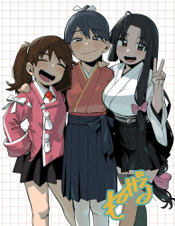  black_hair black_skirt blush bow breasts brown_hair brown_thighhighs closed_eyes closed_mouth collared_shirt commentary_request geso_smith grid_background hair_ribbon hakama hakama_skirt hand_on_another's_shoulder hand_on_own_hip highres houshou_(kancolle) japanese_clothes kantai_collection kariginu kimono large_breasts long_hair low-tied_long_hair multiple_girls open_mouth pink_bow ponytail red_kimono ribbon ryuujou_(kancolle) shirt shouhou_(kancolle) signature skirt teeth thigh-highs twintails upper_teeth_only v very_long_hair white_kimono white_ribbon white_shirt 