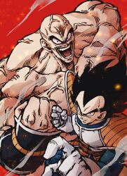  2boys bald black_hair dragon_ball dragon_ball_z hashagu hashtag-only_commentary highres male_focus medium_hair monkey_tail multiple_boys muscular muscular_male nappa red_background saiyan_armor simple_background spiky_hair tail topless_male vegeta veins 
