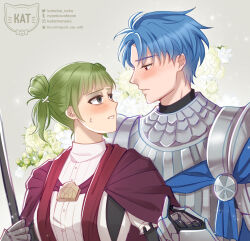  1boy 1girl alain_(unicorn_overlord) armor artist_name blue_cape blue_hair blush cape commentary couple dress english_commentary floral_background gauntlets gloves green_hair grey_background grey_eyes hetero highres holding holding_hands holding_staff katarina_neko looking_at_another medium_hair parted_lips red_cape red_eyes red_shawl shawl short_hair signature staff tatiana_(unicorn_overlord) twintails unicorn_overlord white_dress 