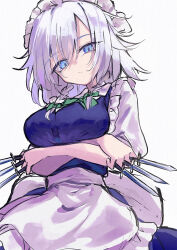  1girl absurdres apron arms_under_breasts blue_dress blue_eyes bow braid breasts calpis118 commentary crossed_arms dress expressionless from_below green_bow grey_hair hair_between_eyes hair_bow highres holding holding_knife izayoi_sakuya knife large_breasts long_hair looking_at_viewer looking_down maid maid_headdress multiple_knives ribbon short_sleeves solo touhou twin_braids waist_apron white_apron white_background white_sleeves 