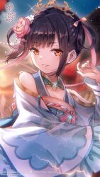  1girl backlighting bare_shoulders blue_dress blunt_bangs blurry blurry_background china_dress chinese_clothes collarbone copyright_logo copyright_notice cowboy_shot dress eyelashes eyes_visible_through_hair floral_print floral_print_dress floral_print_sleeves flower frilled_sleeves frills glint gold_tiara hair_flower hair_ornament hair_ribbon hair_rings hands_up heaven_burns_red highres kanzashi li_yingxia li_yingxia_(alluring_dayflowers) lips logo long_sleeves looking_at_viewer medium_hair official_alternate_costume official_art official_wallpaper orange_eyes outdoors parted_lips pink_flower pink_ribbon pink_rose print_dress ribbon rose sidelocks smile solo sunlight tiara weapon wide_sleeves 