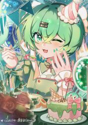  1girl absurdres aqua_background aqua_eyes aqua_hair aqua_nails balloon birthday birthday_cake bouquet bow buttons cake collar crossed_bangs detached_collar dot_nose doughnut eating eyelashes flower food frilled_shirt frilled_wrist_cuffs frills fur-trimmed_headwear fur_trim garland_(decoration) green_bow green_collar green_shirt hair_between_eyes hair_ornament hairclip halftone hand_on_own_cheek hand_on_own_face happy happy_birthday hat hatsune_miku highres holding holding_spoon light_blush long_hair mini_party_hat moyu_de_liang nail_polish neck_ribbon one_eye_closed open_mouth outline parallel_hairclips pink_bow pink_hat pink_ribbon plate pom_pom_(clothes) red_flower red_rose ribbon rose shirt signature single_wrist_cuff smile spoon square_neckline twintails two-tone_headwear upper_body very_long_hair vocaloid white_hat white_outline white_wrist_cuffs wrist_bow wrist_cuffs 